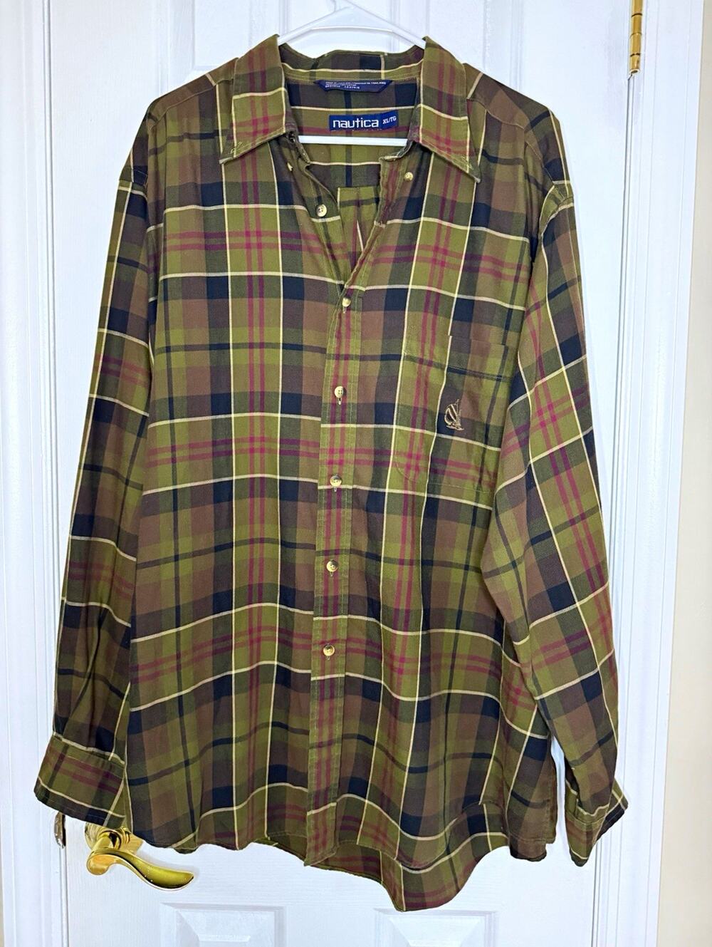 Vintage Nautica Plaid Button Up Shirt Mens XL Green Purple Long Sleeve 90s